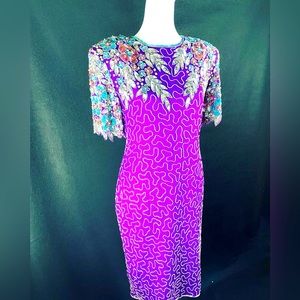 Purple vintage silk dress with hand beading